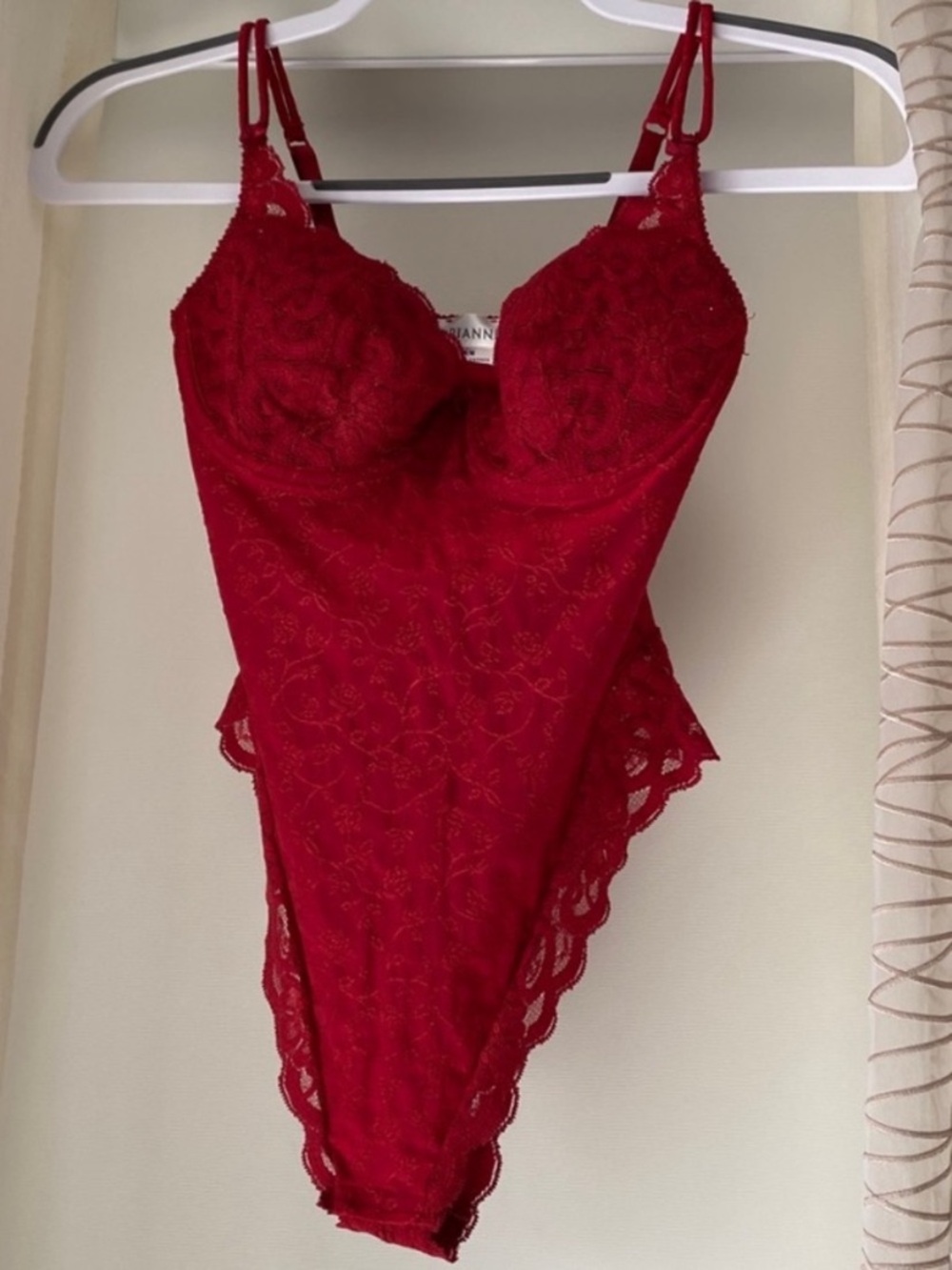 Delicate red lace Teddy G-string bodysuit by Arianne - made in Canada